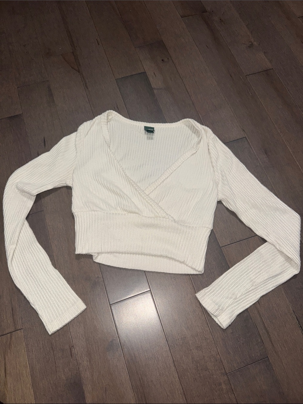 wild fable Cream Ribbed Wrap-Front Long Sleeve Crop Top